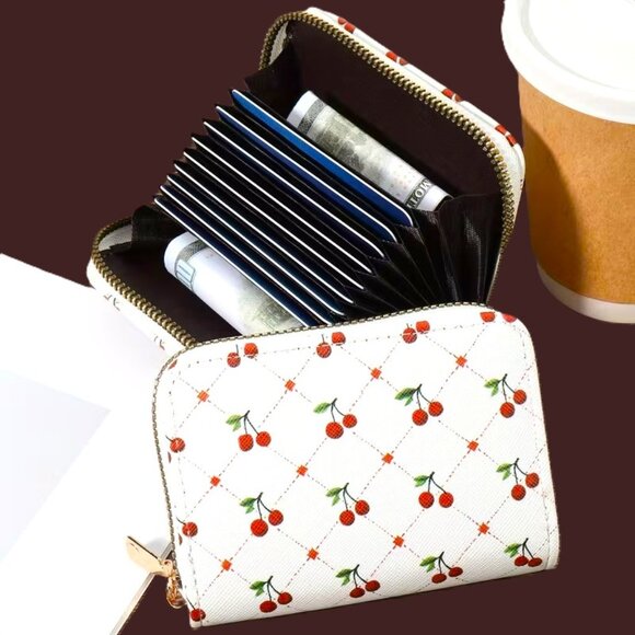 Cherry Print Zipper Card Holder Wallet Accordion Organizer Multi Slot Cute Mini - Picture 4 of 5